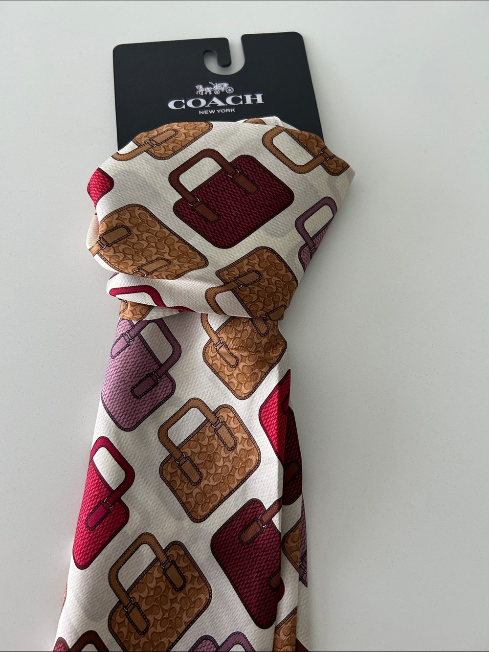 Coach Silk Scarf with Brown, Cream, Pink and Red Tote Motif